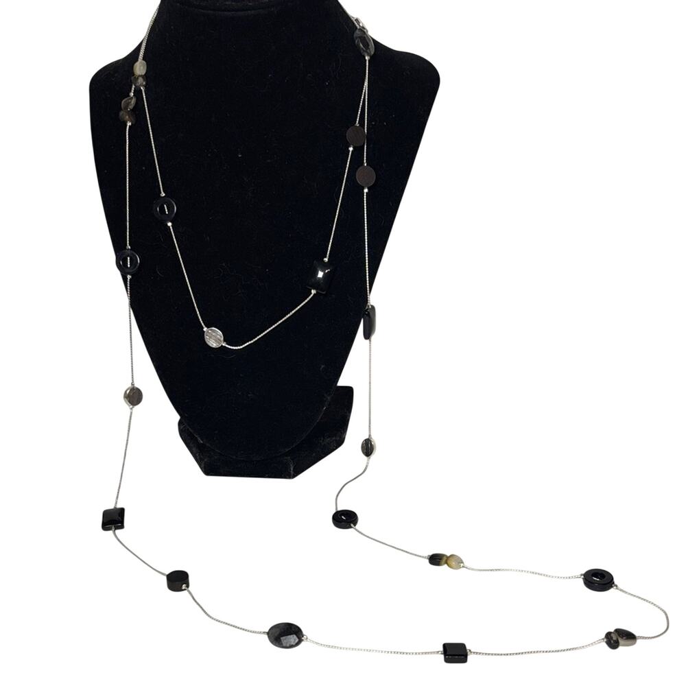 Long Black Beaded Necklace 61” Minimalist Layering Strand Silver Tone